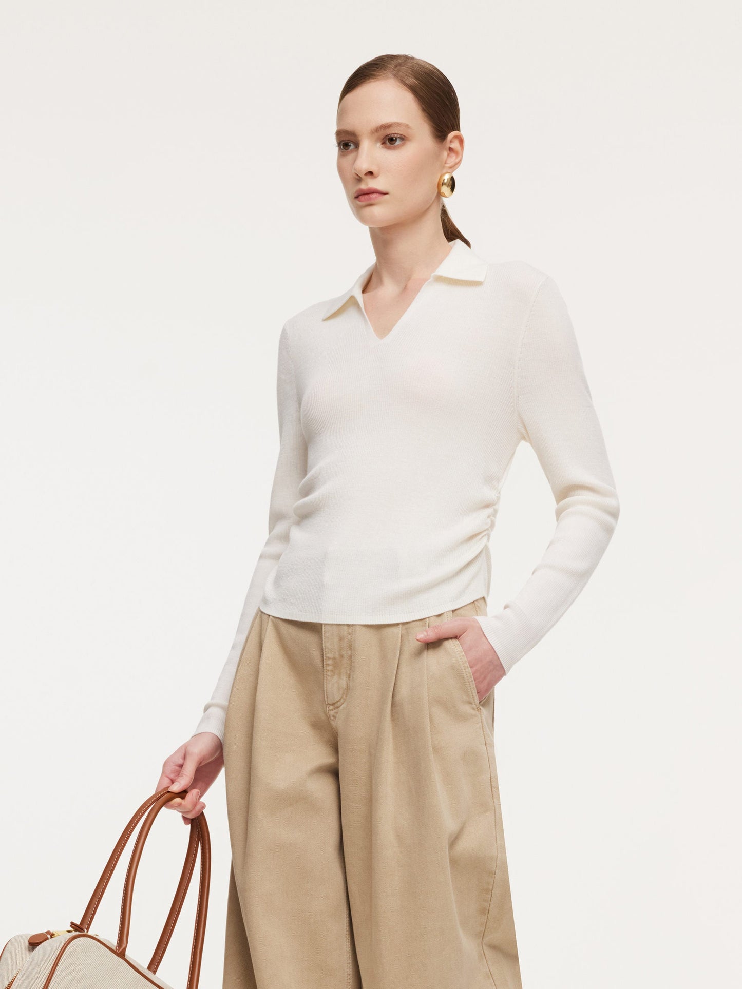 100% Wool V-Neck Ruched Women Polo Knit Top