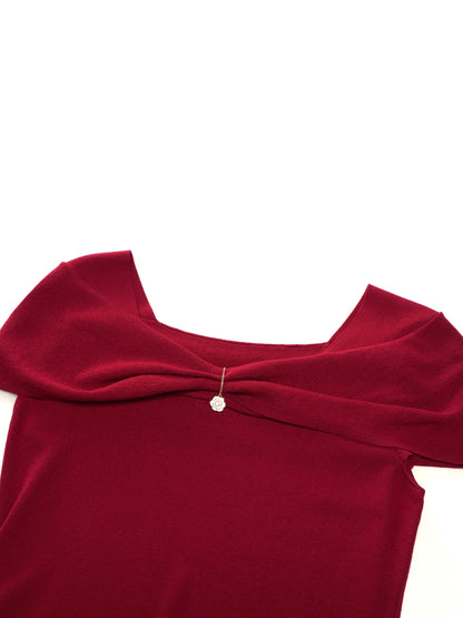 Lyocell Blend Off Shoulder Women Knit Top With Detachable Magnetic Flower