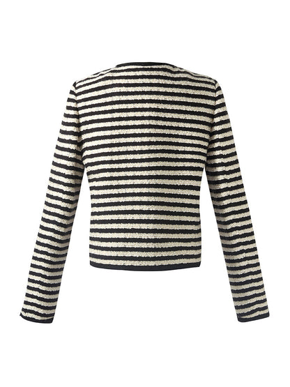 Wool Blend Black And White Stripe Tweed Women Crop Jacket