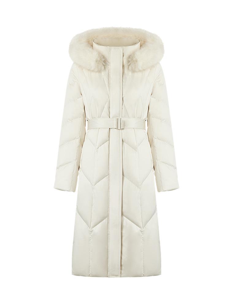 Gathered Waist Long Goose Down Garment With Faux-Fur Collar