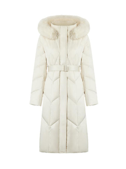 Gathered Waist Long Goose Down Garment With Faux-Fur Collar