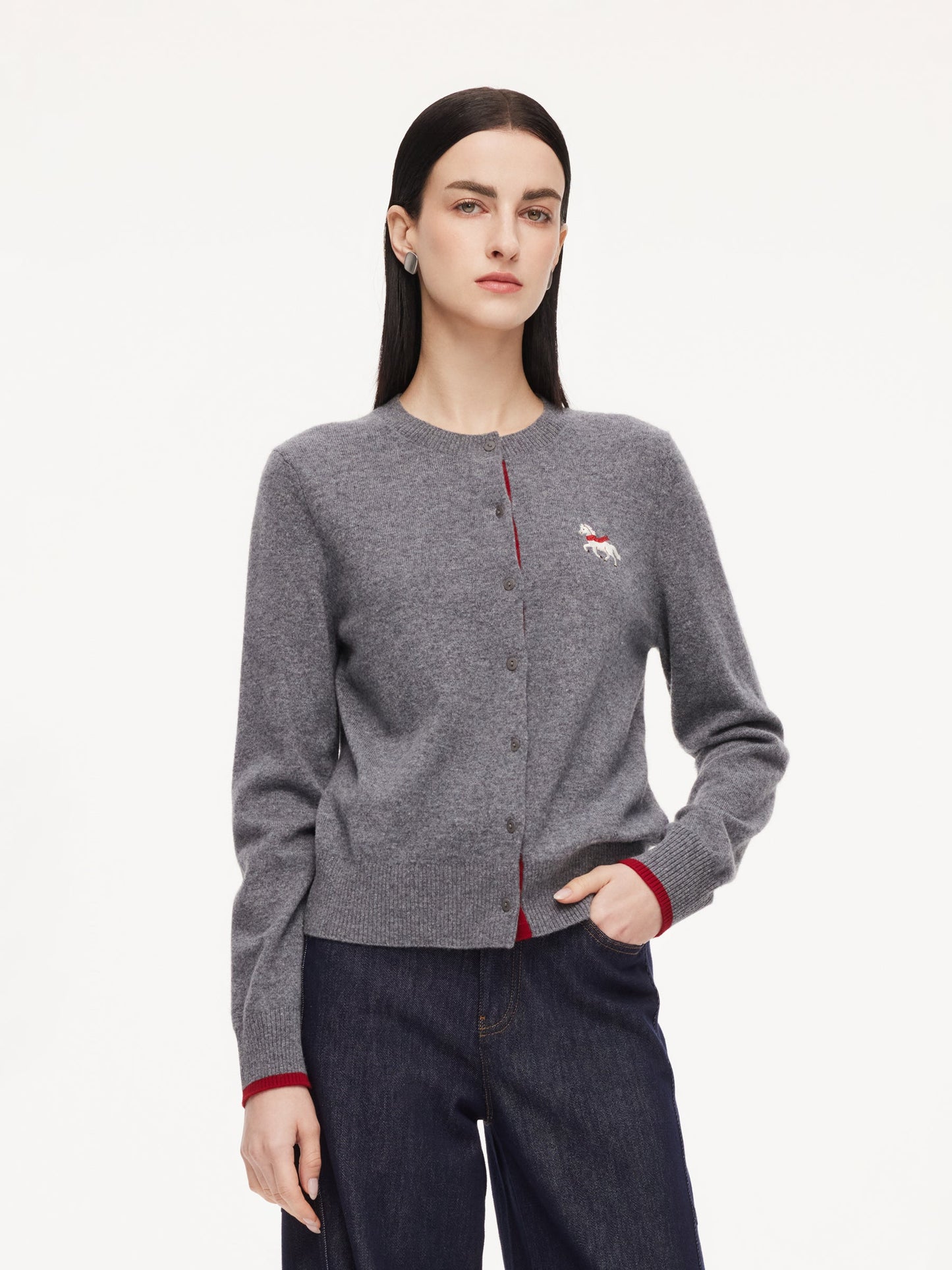 100% Wool Color Block Pony Embroidered Women Cardigan