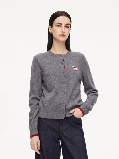100% Wool Color Block Pony Embroidered Women Cardigan