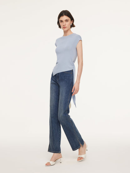 Tencel Blend Asymmetrical Hem Women Knit Top With Ribbon