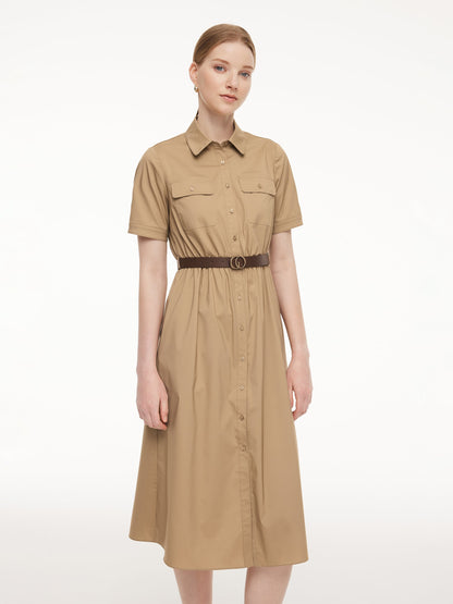 Cotton Blend Women Midi Shirt Dress With Leather Belt