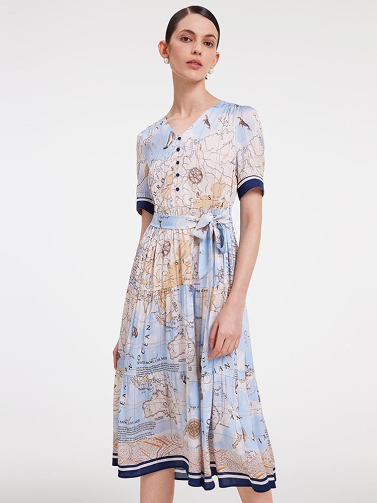19 Momme Silk Map Print Midi Dress