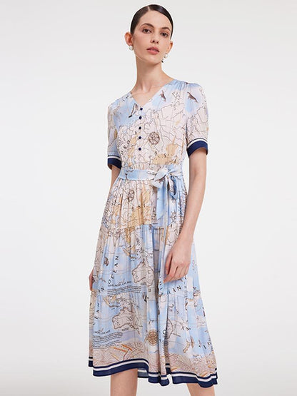 19 Momme Silk Map Print Midi Dress