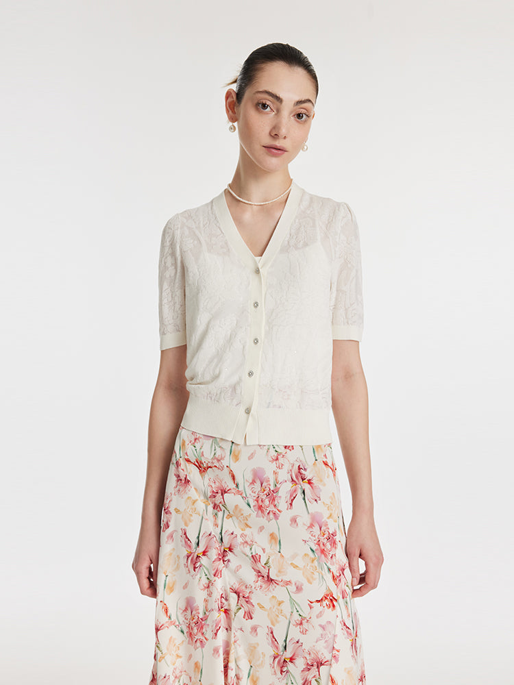 Iris Jacquard Sequins Single-Breasted Knitted Women Cardigan