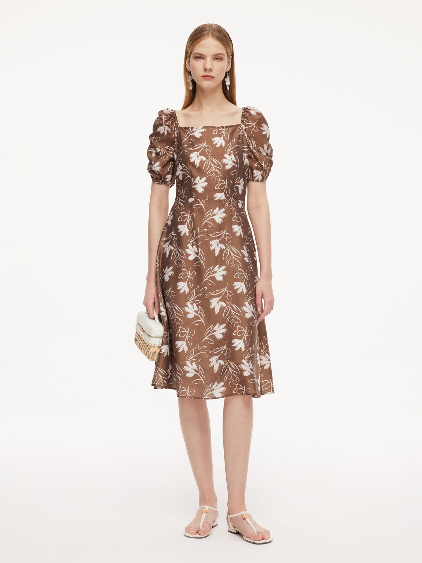 Tencel Blend Floral Print Square Neck Women Midi Dress