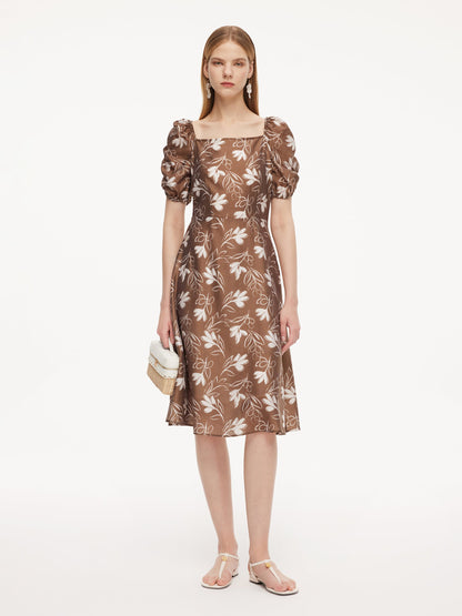 Tencel Blend Floral Print Square Neck Women Midi Dress