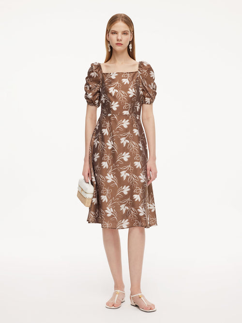 Tencel Blend Floral Print Square Neck Women Midi Dress