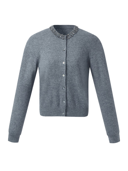 100% Wool Beaded Round Neck Women Cardigan