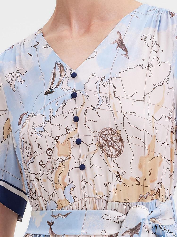 19 Momme Silk Map Print Midi Dress