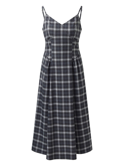 Black And Grey Plaid Women Strap Midi Dress