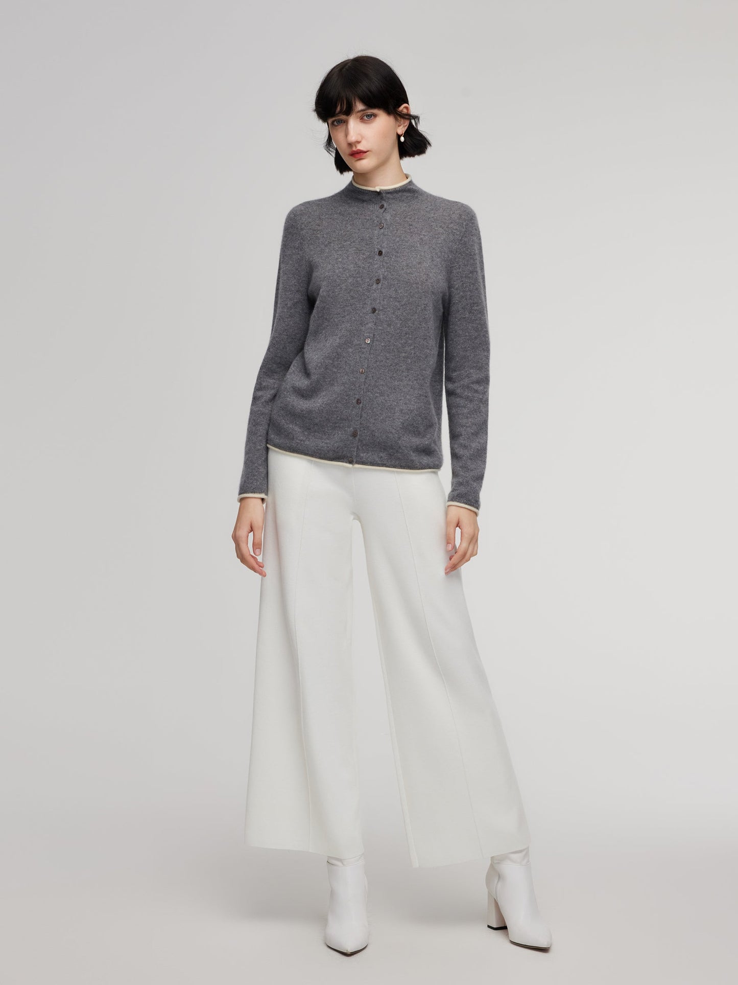 100% Cashmere Seamless Contrast Trim Women Cardigan