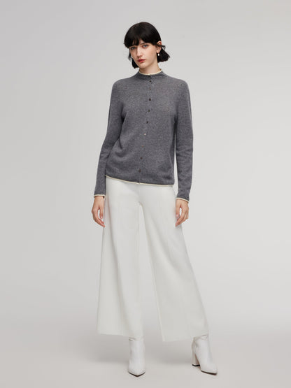 100% Cashmere Seamless Contrast Trim Women Cardigan