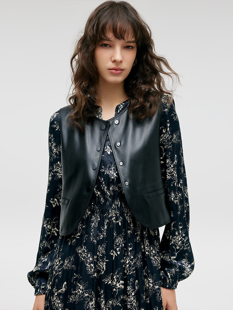 Eco-Friendly Fur Vest And Floral Print Dress Two-Piece Set