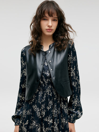Eco-Friendly Fur Vest And Floral Print Dress Two-Piece Set
