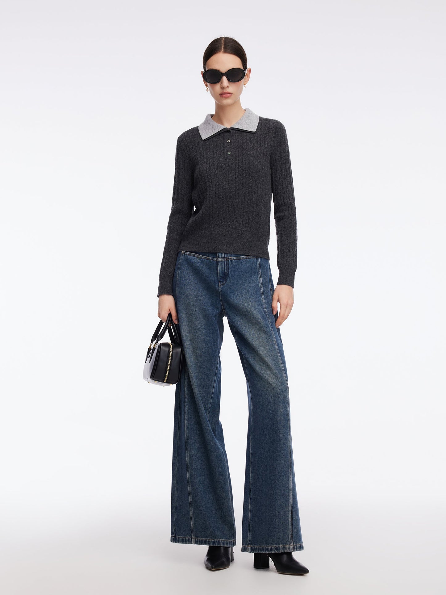 100% Wool Faux-Layered Lapel Women Knit Top
