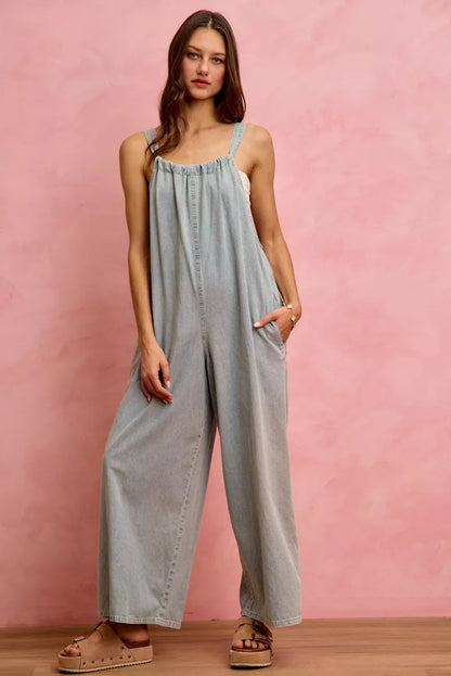 SO ME Wide Leg Lightweight Denim Overalls