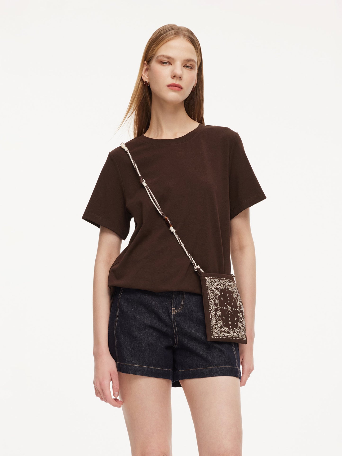 Round Neck Women Long T-Shirt With Crossbody Bag
