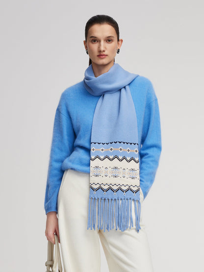 Wool Blend Fair Isle Fringe Scarf