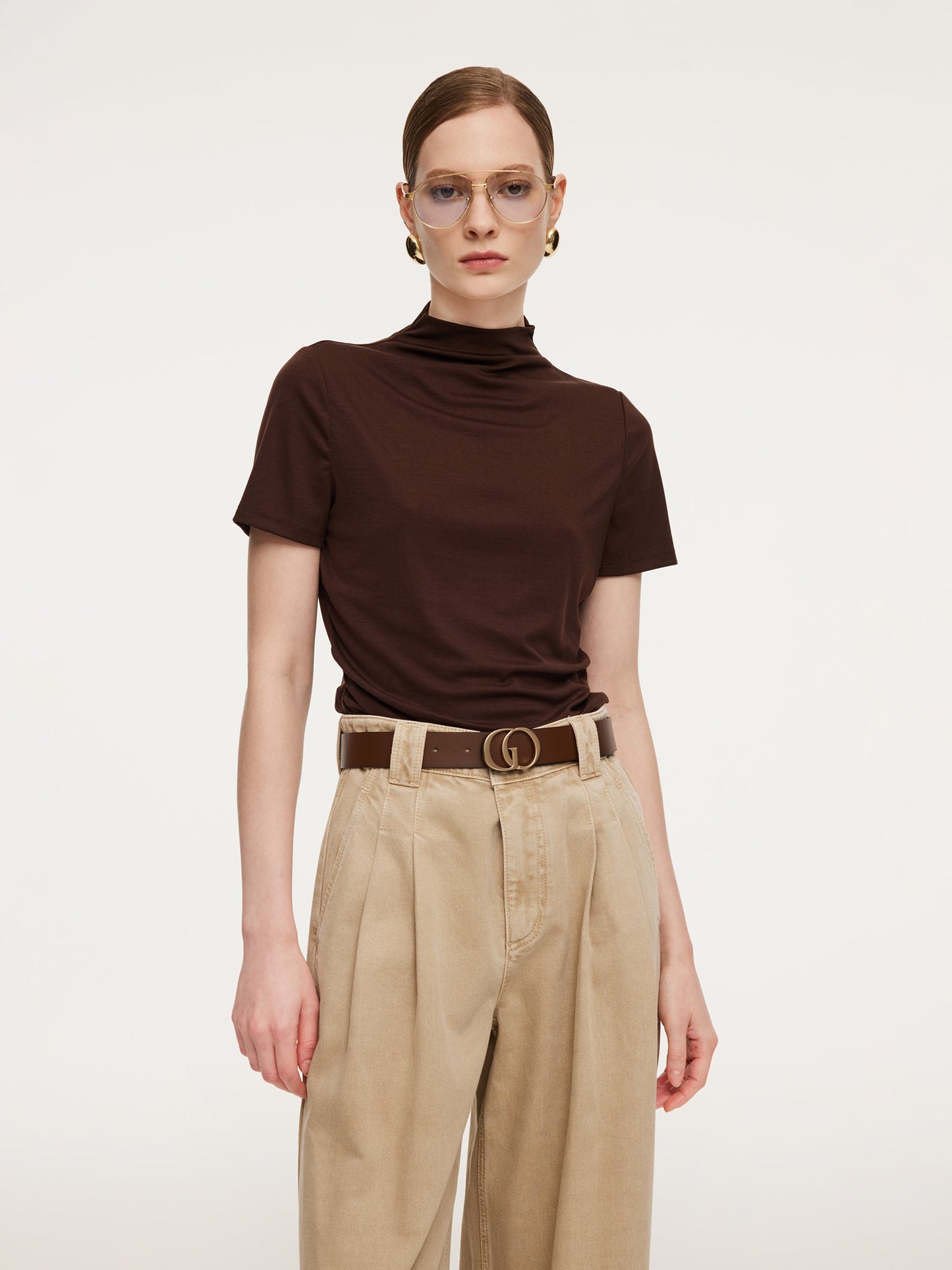 Tencel Blend Mock Neck Ruched Women Knit Top With Triangle Scarf