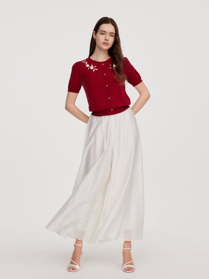 Lyocell Blend Jacquard Women Knit Top With Detachable Knit Flowers