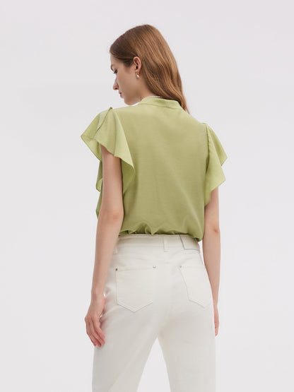 Acetate Blend V-Neck Women Ruffle Sleeve Blouse