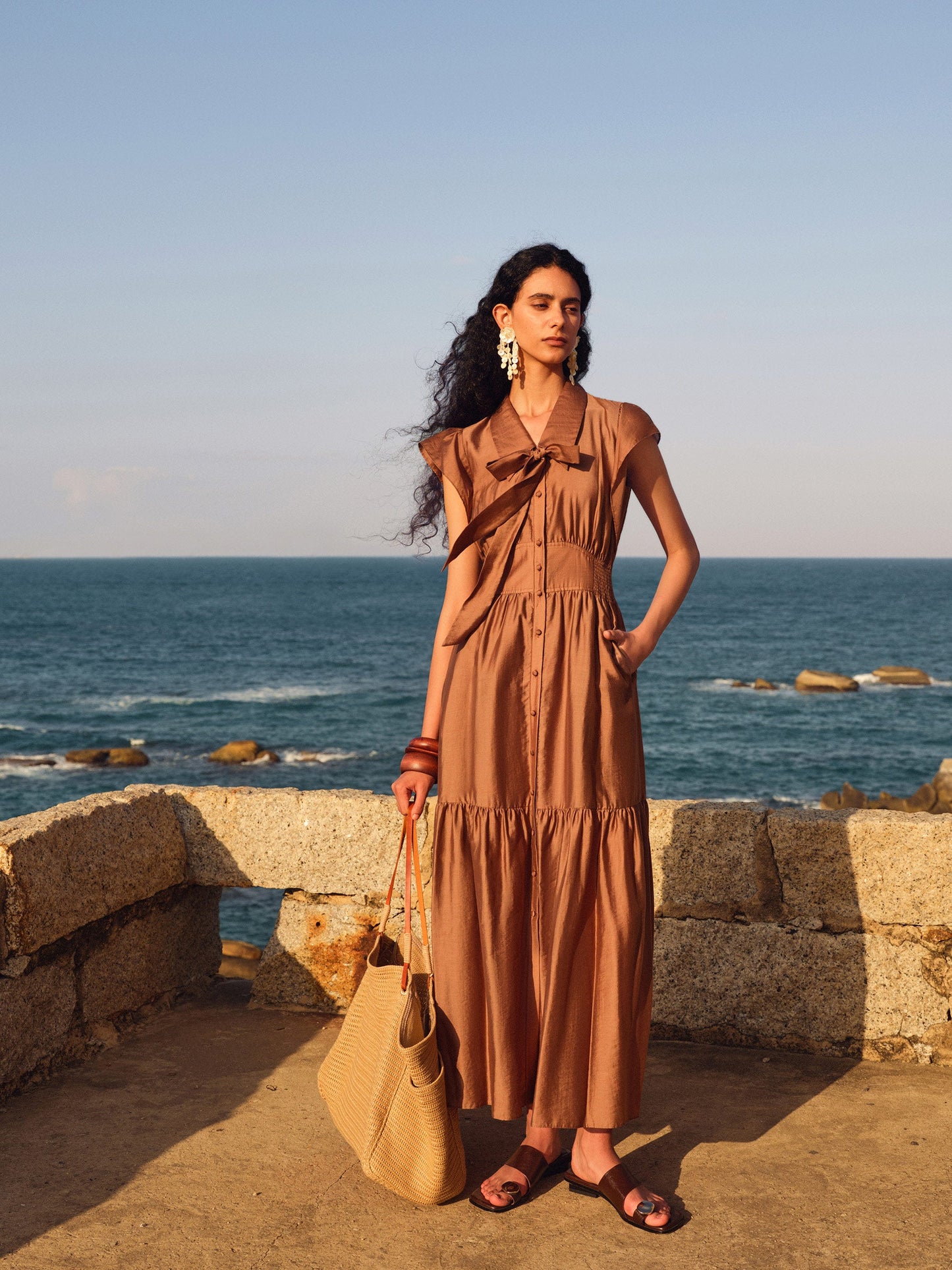 Tencel Blend Women Ruffle Cap Sleeve Maxi Dress With Sash