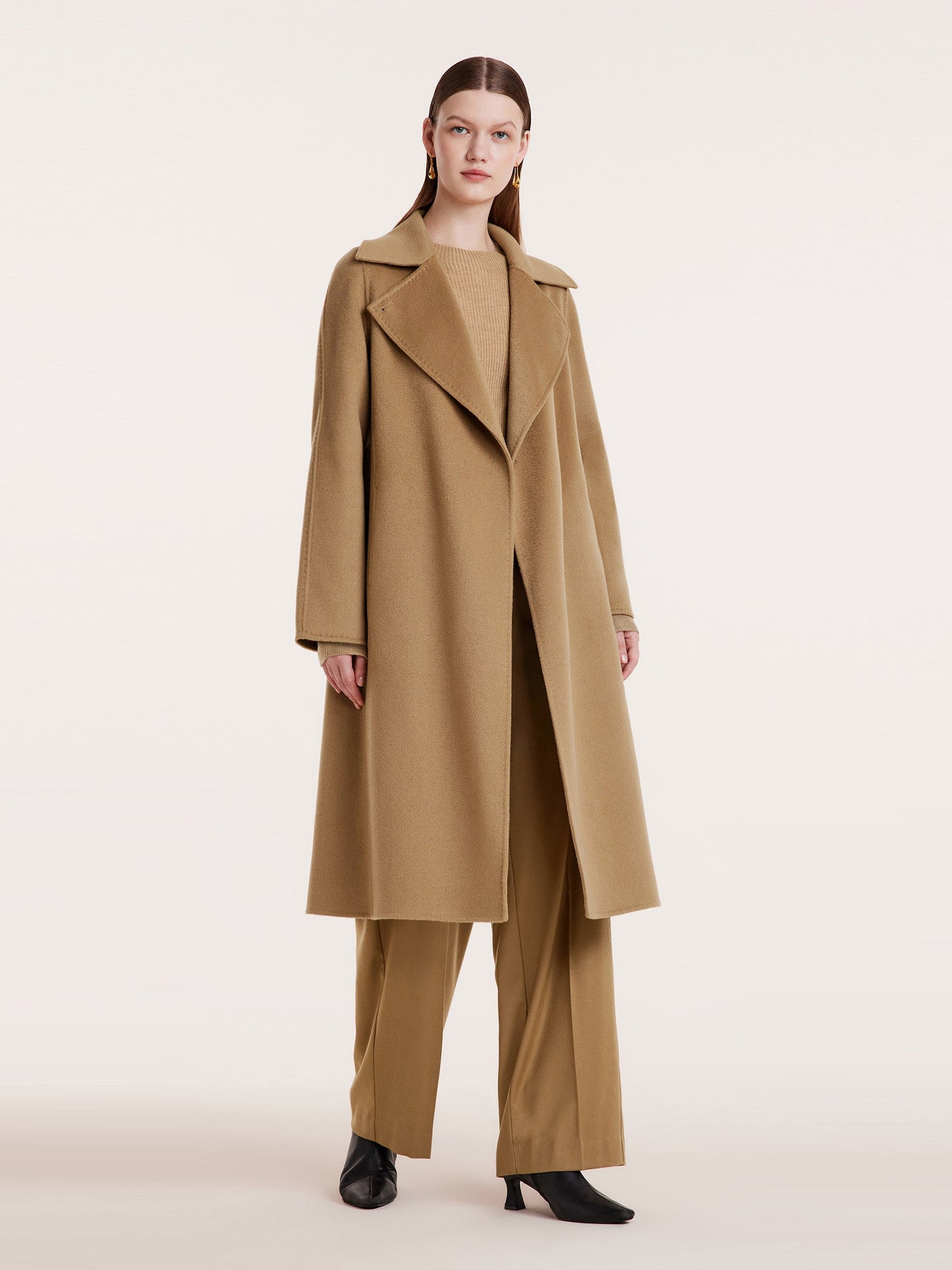 Camel Pure Cashmere Lapel Women Coat