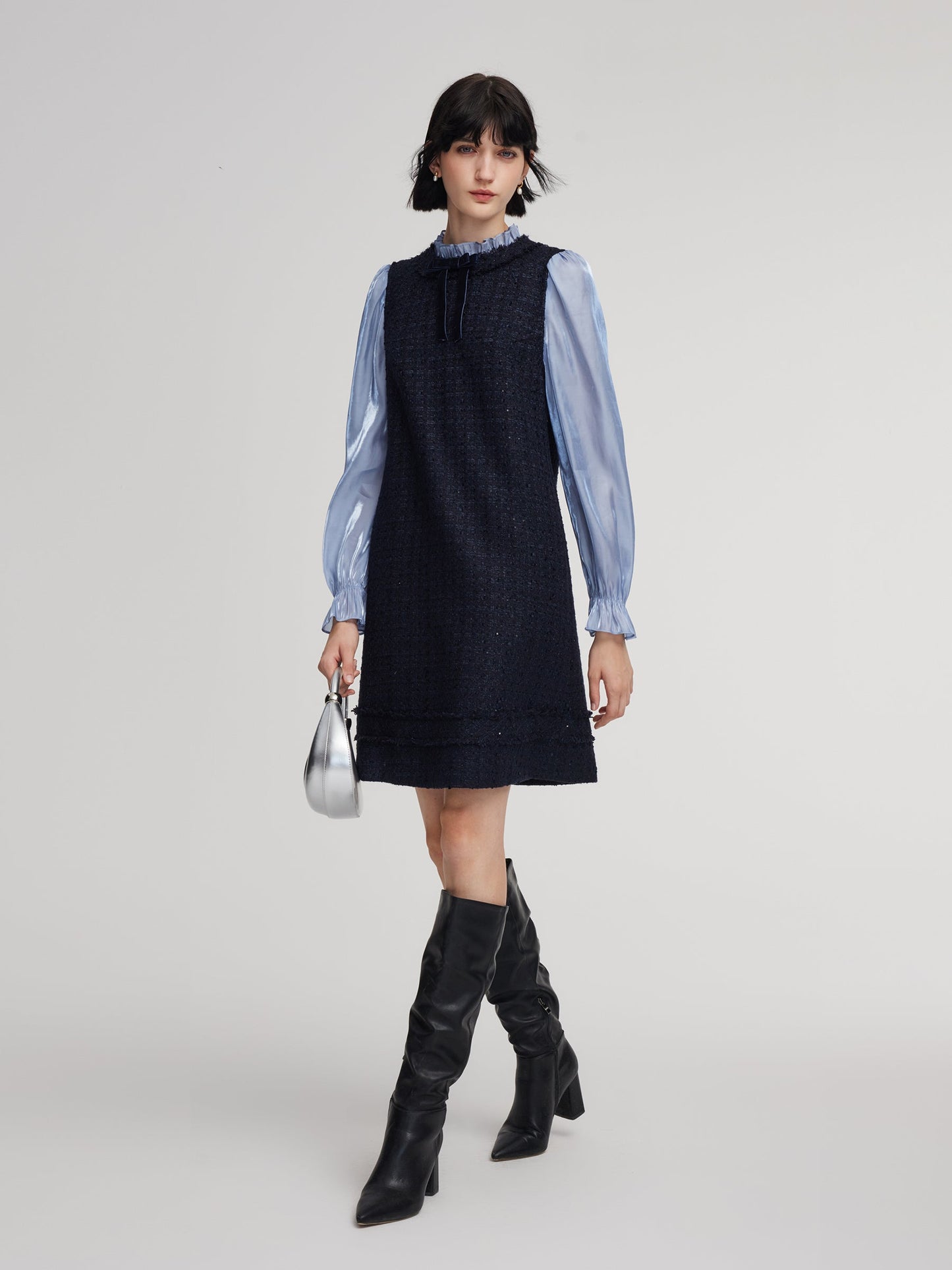 Wool Blend Tweed Sequins Faux-Layered Women Mini Dress