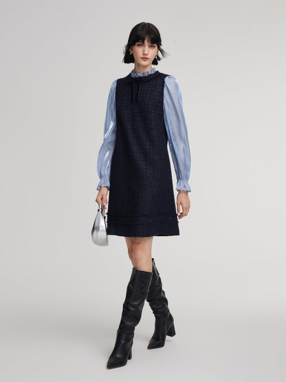 Wool Blend Tweed Sequins Faux-Layered Women Mini Dress