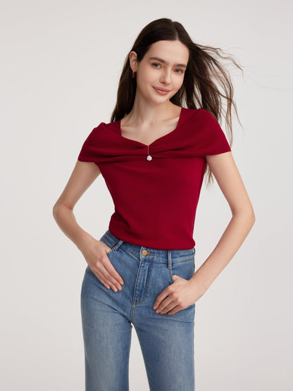 Lyocell Blend Off Shoulder Women Knit Top With Detachable Magnetic Flower