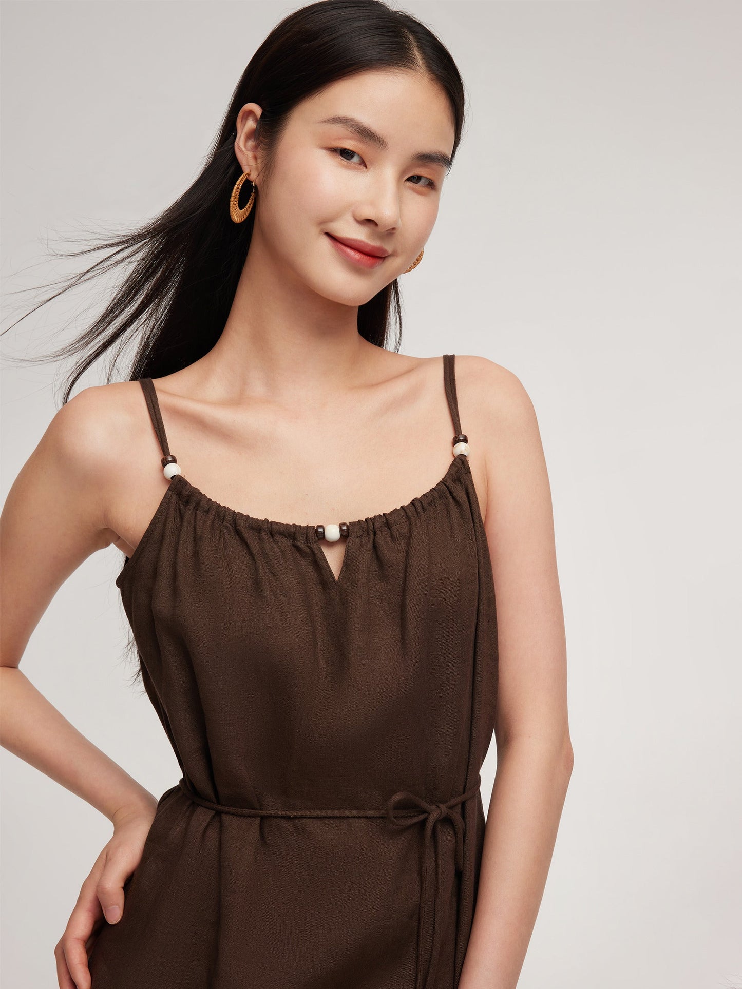 100% Linen Women Strap Maxi Dress With Tie String Belt