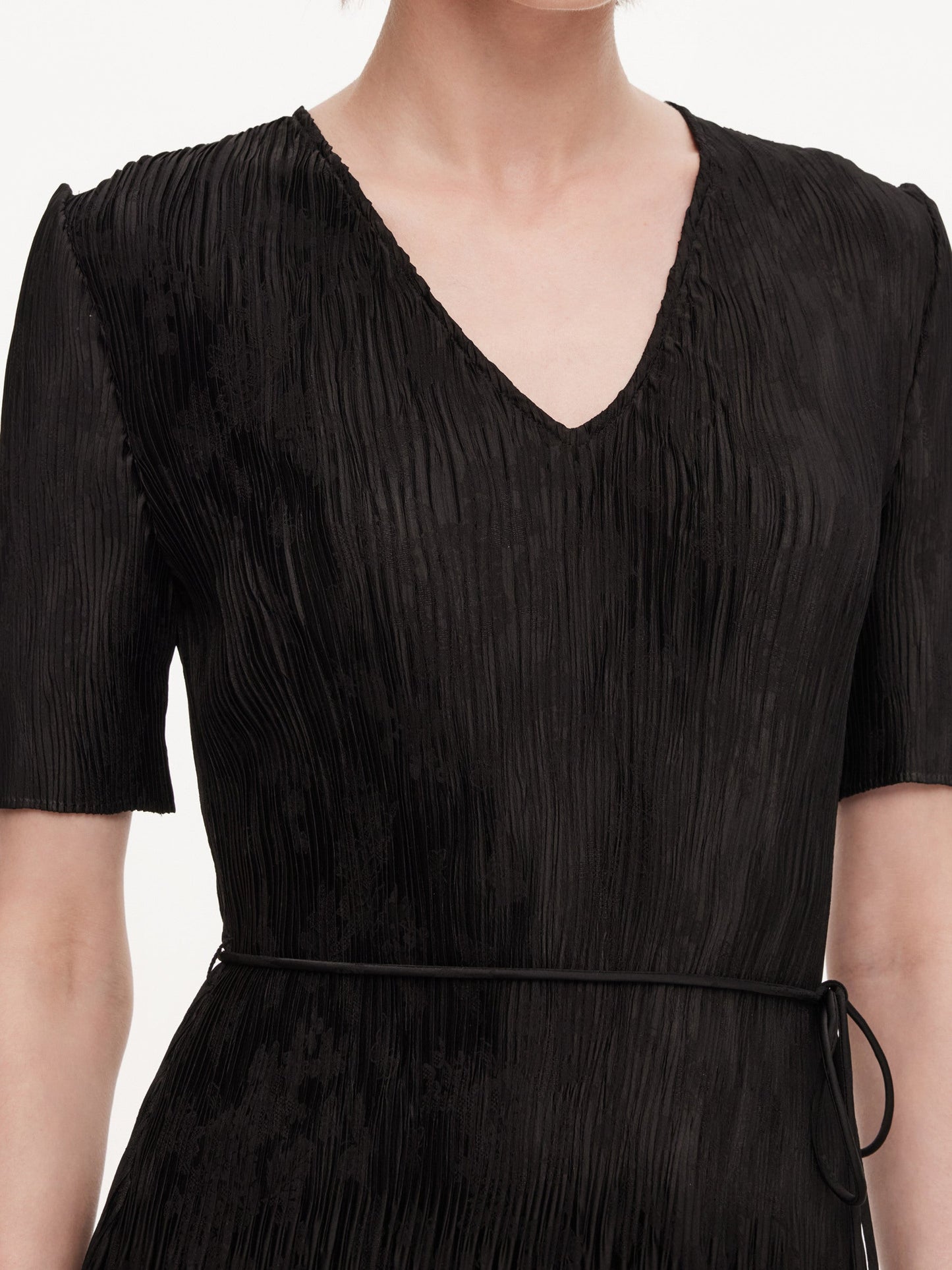 Satin Jacquard Women Pleated Maxi Dress With Self-Tie Belt