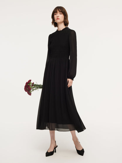Ruffle Round Neck Women Smocked Maxi Dress