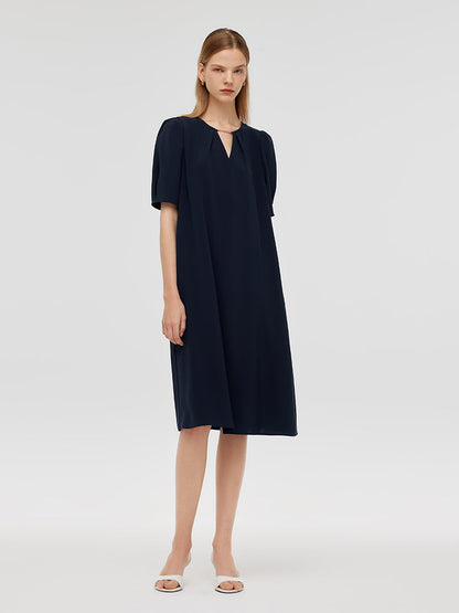 Triacetate Cut-Out Neck Women Midi Dress With Belt