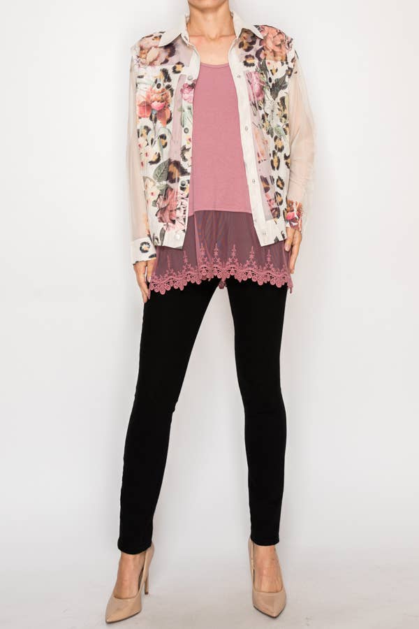 Faux Suede Mesh Trimmed Detailed Jacket - 4820BG-LEO FL: LEO FL / L