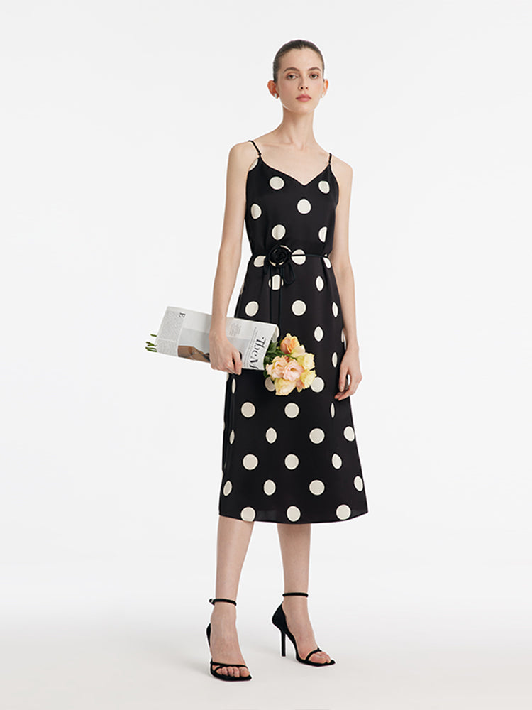Acetate Polka Dots Print Spaghetti Strap Women Midi Dress With Rose Belt