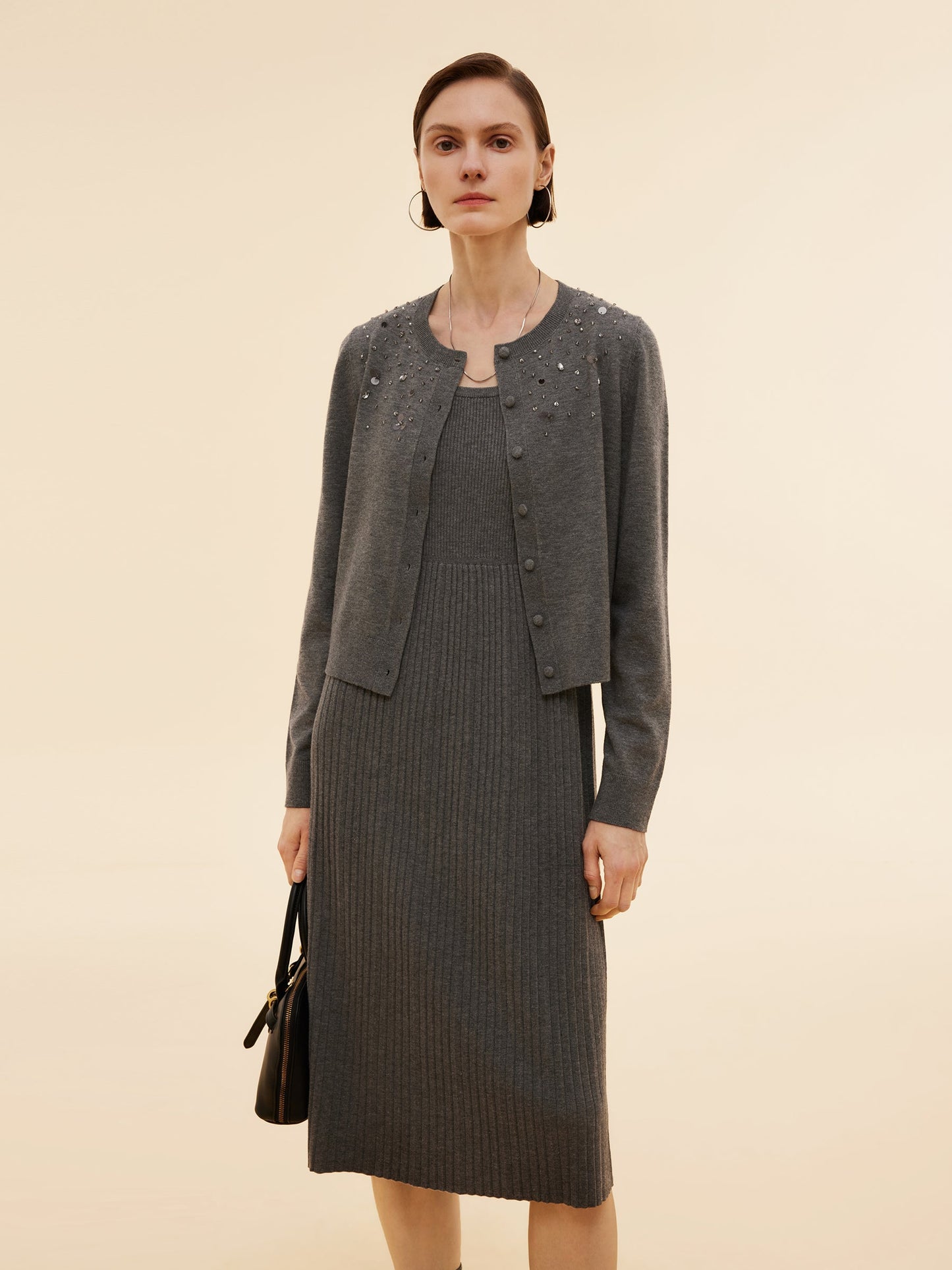 Beaded Sequins Cardigan And Pleated Sleeveless Midi Dress Two-Piece Set