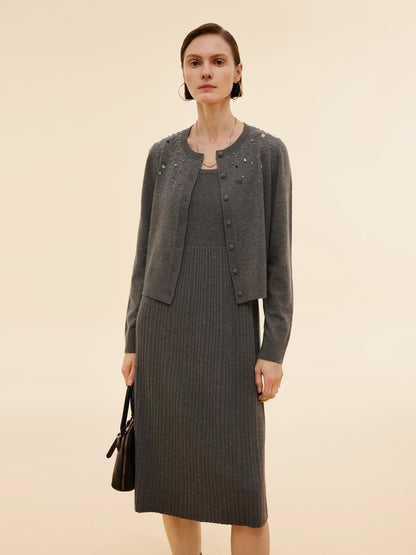 Beaded Sequins Cardigan And Pleated Sleeveless Midi Dress Two-Piece Set