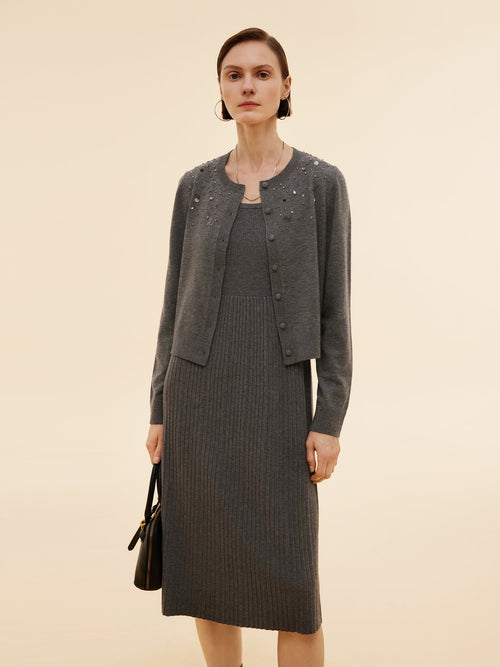 Beaded Sequins Cardigan And Pleated Sleeveless Midi Dress Two-Piece Set