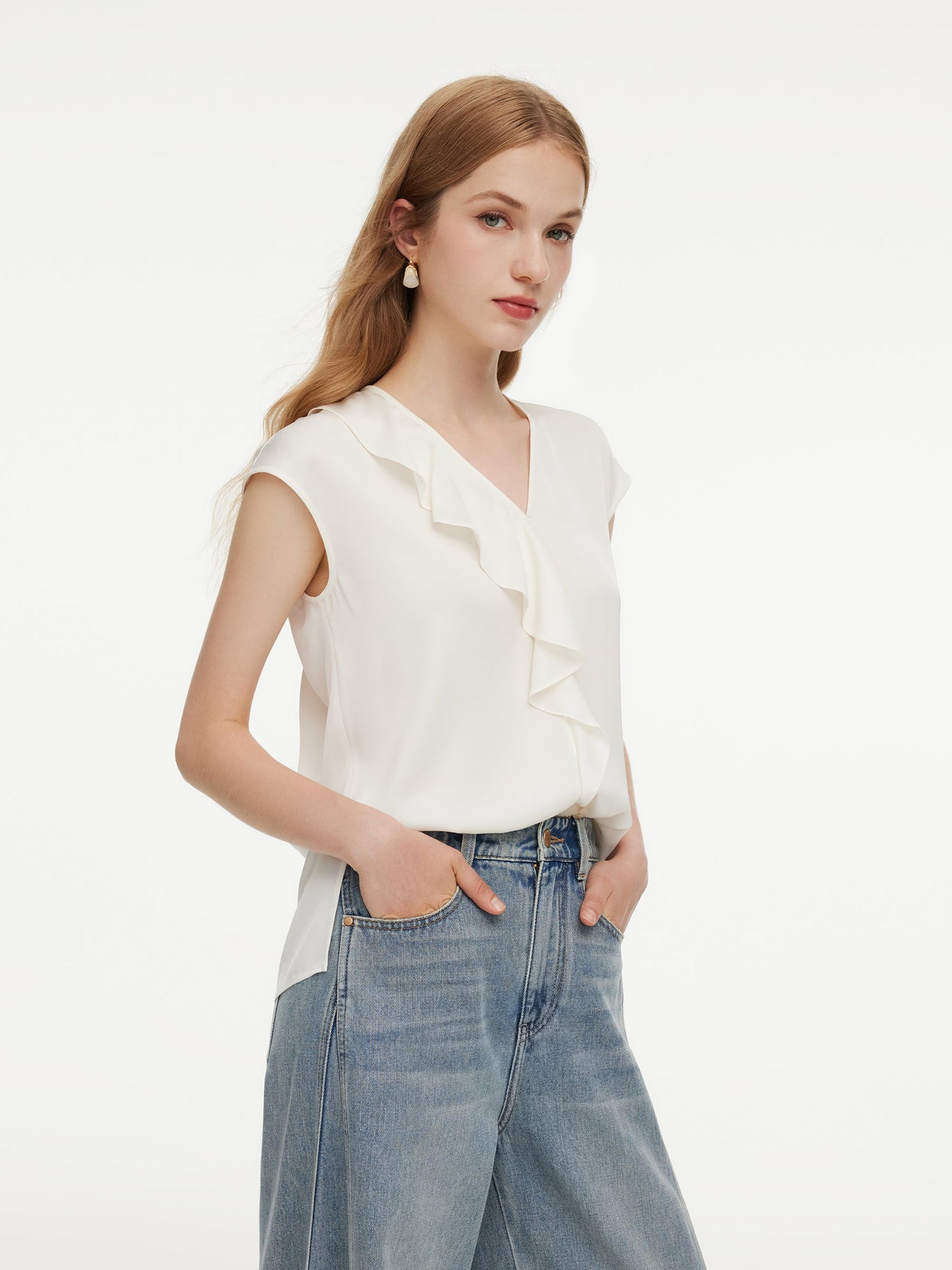 22MM Mulberry Silk Asymmetrical Ruffle Women Blouse
