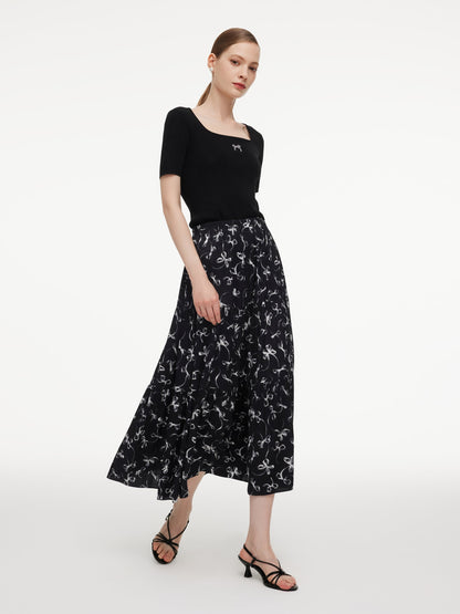Ribbon Print A-Line Women Skirt