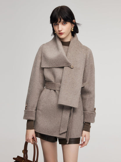 Alpaca Wool Blend Double-Faced Women Wrap Coat With Scarf