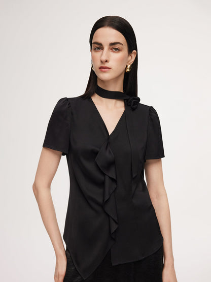 22MM Mulberry Silk Asymmetrical Hem Women Blouse With Ribbon