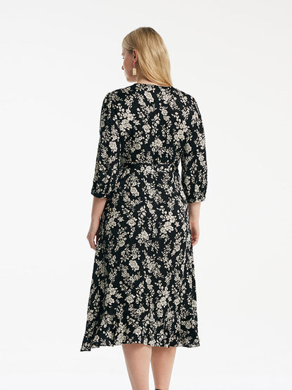 Camellia Print V-Neck Ruffle Hem Women Midi Wrap Dress