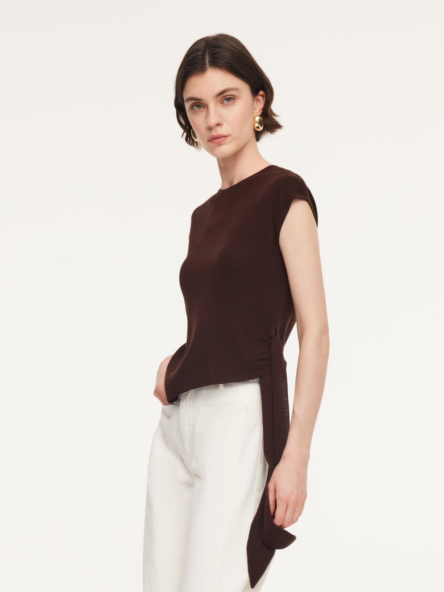 Tencel Blend Asymmetrical Hem Women Knit Top With Ribbon