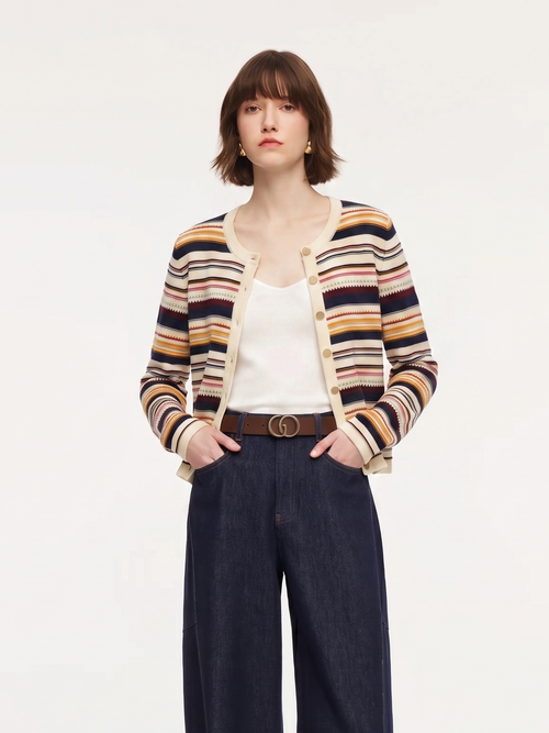 100% Cotton Multicolored Stripe Women Cardigan